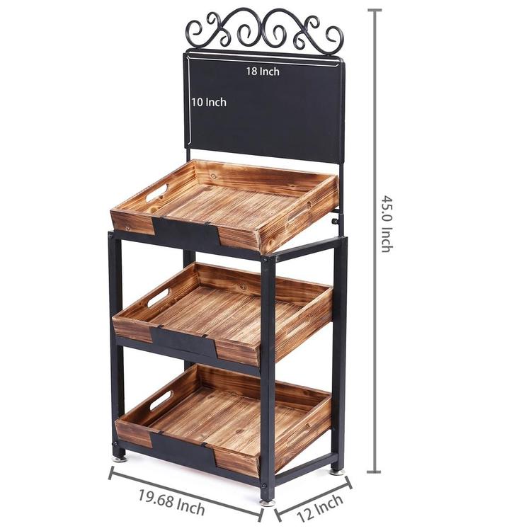 3-Tier Vintage Metal & Burnt Wood Produce Stand with Chalkboard Signs