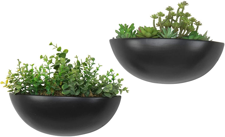 12 Inch Matte Black Ceramic Half-Moon Wall Mounted Planter, Set of 2