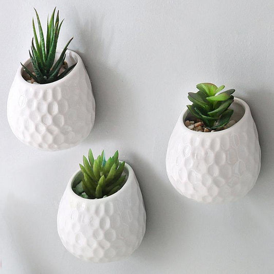 White Ceramic Golfball Design Hanging Mini Planter, Set of 3
