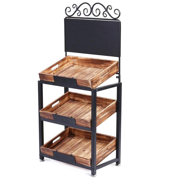 3-Tier Vintage Metal & Burnt Wood Produce Stand with Chalkboard Signs