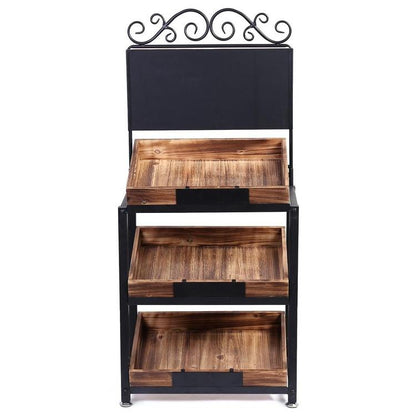 3-Tier Vintage Metal & Burnt Wood Produce Stand with Chalkboard Signs