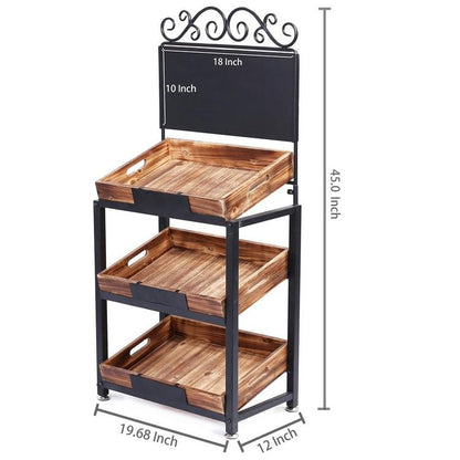 3-Tier Vintage Metal & Burnt Wood Produce Stand with Chalkboard Signs