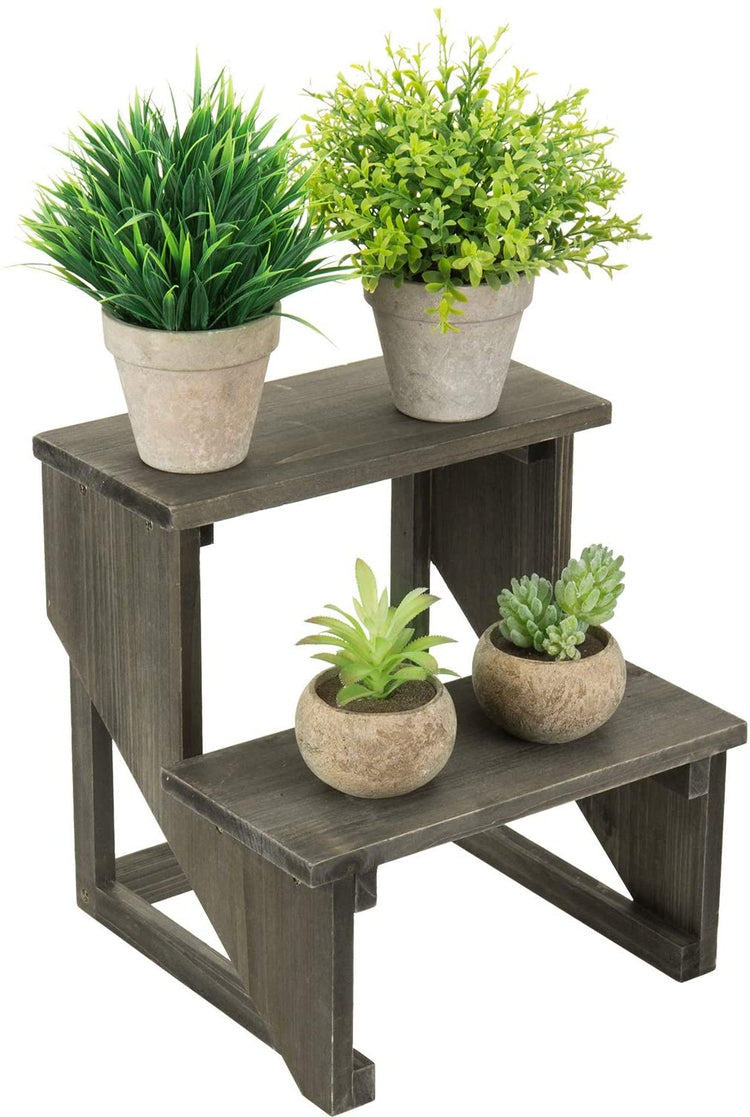 2 Tier Rustic Reclaimed Style Dark Gray Wood Planter Display Stand