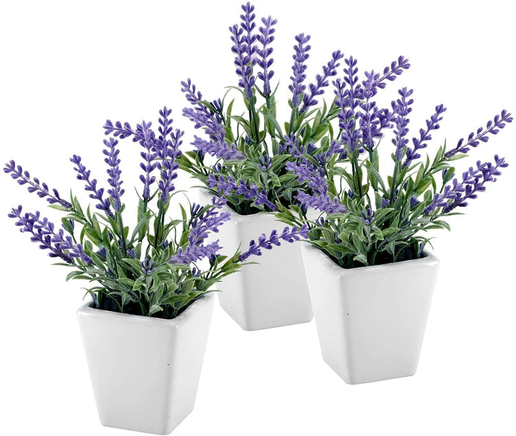 3 Pack 7.5 Inch Tall Artificial Lavender Plant with Square Ceramic Plant Pot