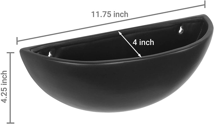 12 Inch Matte Black Ceramic Half-Moon Wall Mounted Planter, Set of 2