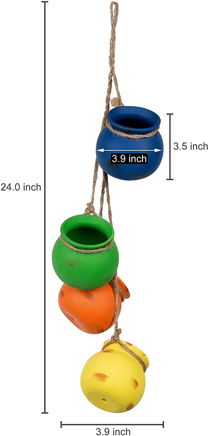 Bunch of 4 Bright Rainbow Hanging Round Ceramic Pot Planter Set