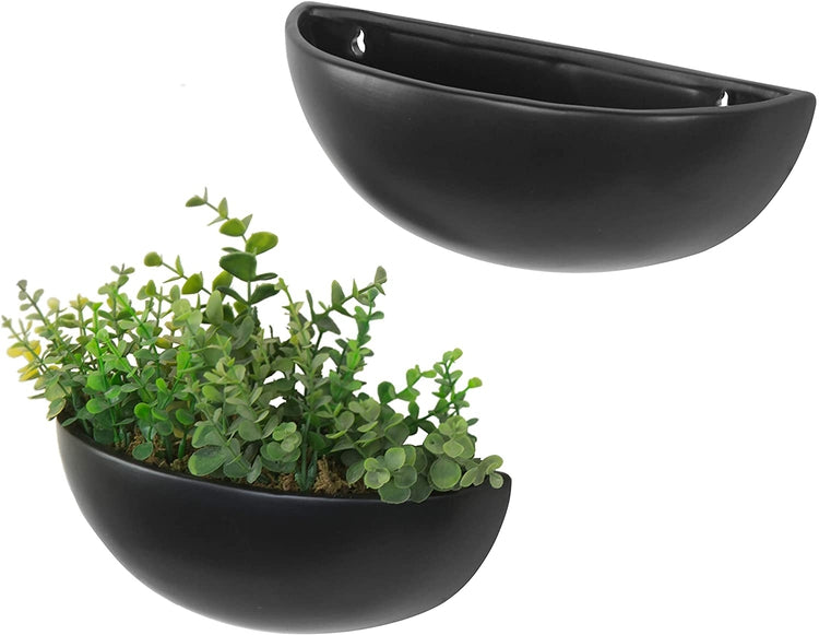 12 Inch Matte Black Ceramic Half-Moon Wall Mounted Planter, Set of 2