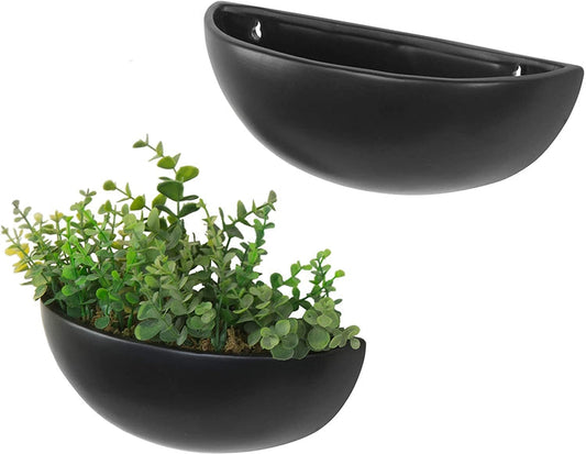 12 Inch Matte Black Ceramic Half-Moon Wall Mounted Planter, Set of 2