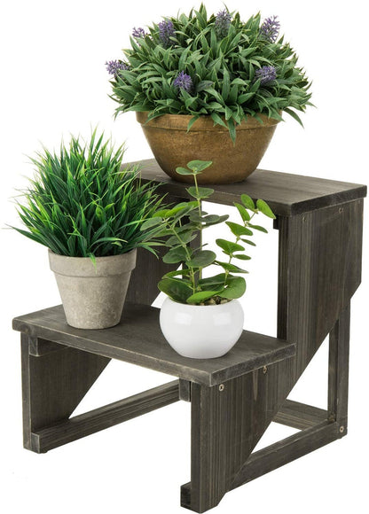 2 Tier Rustic Reclaimed Style Dark Gray Wood Planter Display Stand