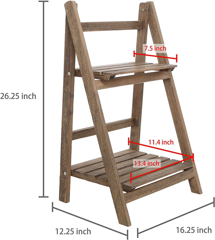 Rustic Brown Wood 2-Tier Freestanding Foldable Shelf Rack or Decorative Plant Pot Display Stand
