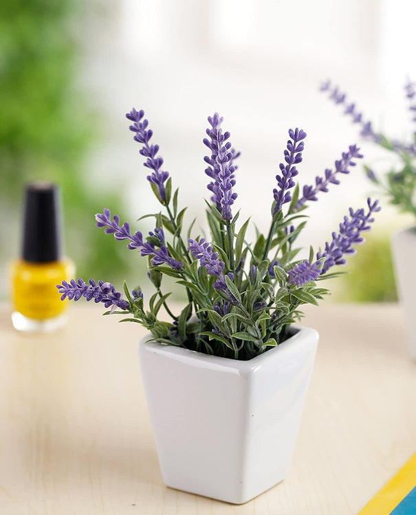 3 Pack 7.5 Inch Tall Artificial Lavender Plant with Square Ceramic Plant Pot