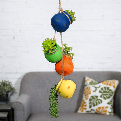 Bunch of 4 Bright Rainbow Hanging Round Ceramic Pot Planter Set