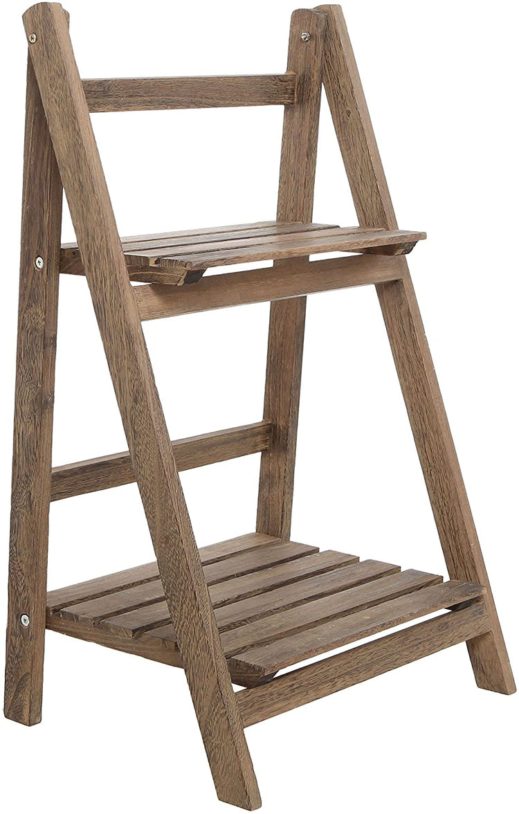 Rustic Brown Wood 2-Tier Freestanding Foldable Shelf Rack or Decorative Plant Pot Display Stand