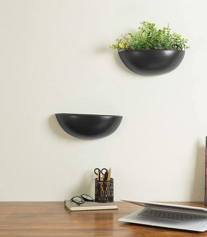 12 Inch Matte Black Ceramic Half-Moon Wall Mounted Planter, Set of 2