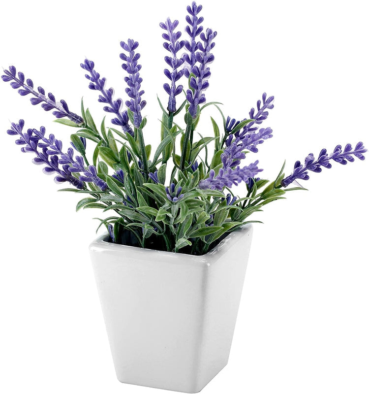 3 Pack 7.5 Inch Tall Artificial Lavender Plant with Square Ceramic Plant Pot