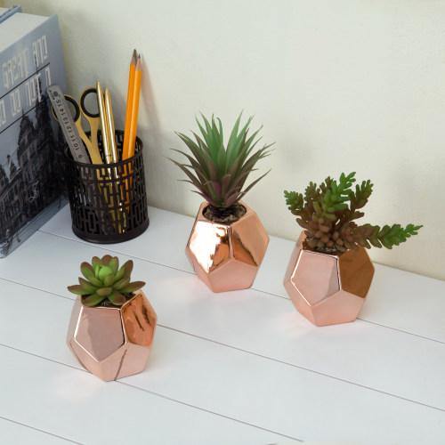 Artificial Succulents in Geometric Rose Gold Ceramic Plant Pots, Set of 3