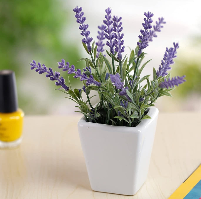 3 Pack 7.5 Inch Tall Artificial Lavender Plant with Square Ceramic Plant Pot