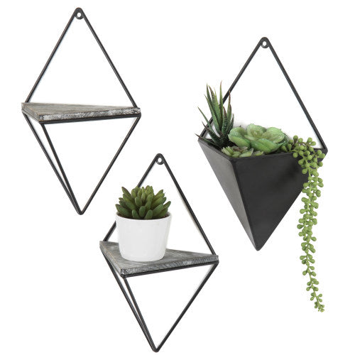 Diamond-Shaped Wall-Mounted Metal Shelves & Planter, 3-Piece Set