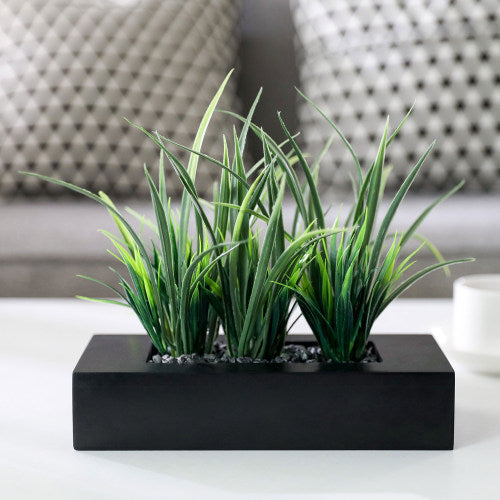 Artificial Green Grass Plants in Rectangular Modern Black Wood Planter Pot