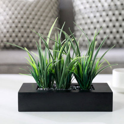 Artificial Green Grass Plants in Rectangular Modern Black Wood Planter Pot