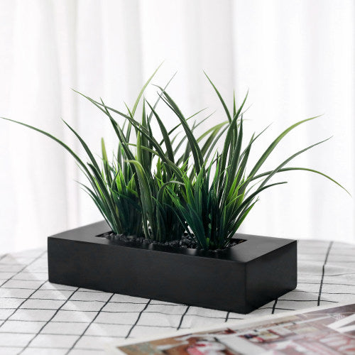 Artificial Green Grass Plants in Rectangular Modern Black Wood Planter Pot