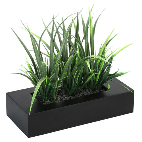 Artificial Green Grass Plants in Rectangular Modern Black Wood Planter Pot