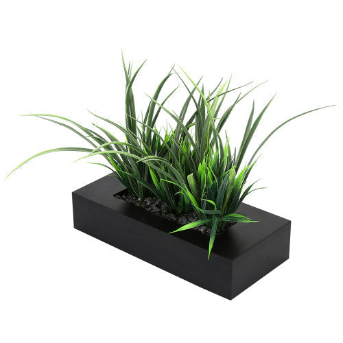 Artificial Green Grass Plants in Rectangular Modern Black Wood Planter Pot