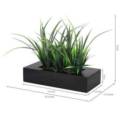 Artificial Green Grass Plants in Rectangular Modern Black Wood Planter Pot