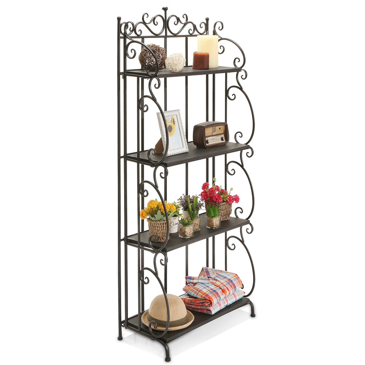 4 Tier Scrollwork Design Metal & Gray Wood Decorative Bookshelf / Indoor Plant Stand
