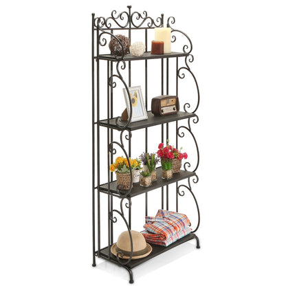 4 Tier Scrollwork Design Metal & Gray Wood Decorative Bookshelf / Indoor Plant Stand