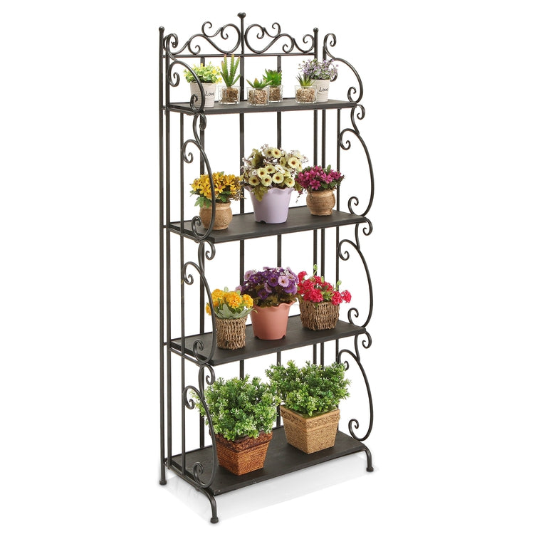 4 Tier Scrollwork Design Metal & Gray Wood Decorative Bookshelf / Indoor Plant Stand