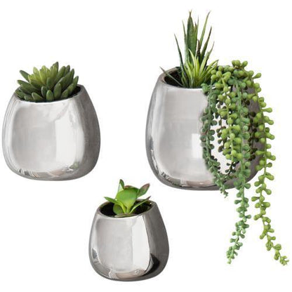 Contemporary Silver Ceramic Wall-Mounted Planters, Set of 3