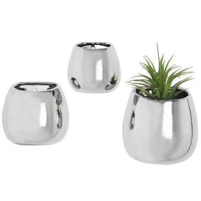Contemporary Silver Ceramic Wall-Mounted Planters, Set of 3