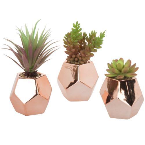 Artificial Succulents in Geometric Rose Gold Ceramic Plant Pots, Set of 3