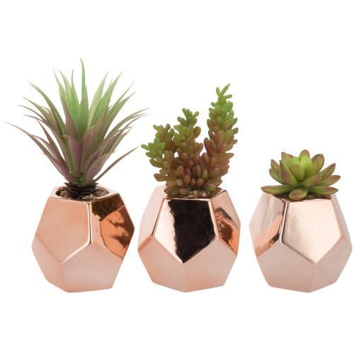 Artificial Succulents in Geometric Rose Gold Ceramic Plant Pots, Set of 3