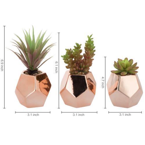 Artificial Succulents in Geometric Rose Gold Ceramic Plant Pots, Set of 3