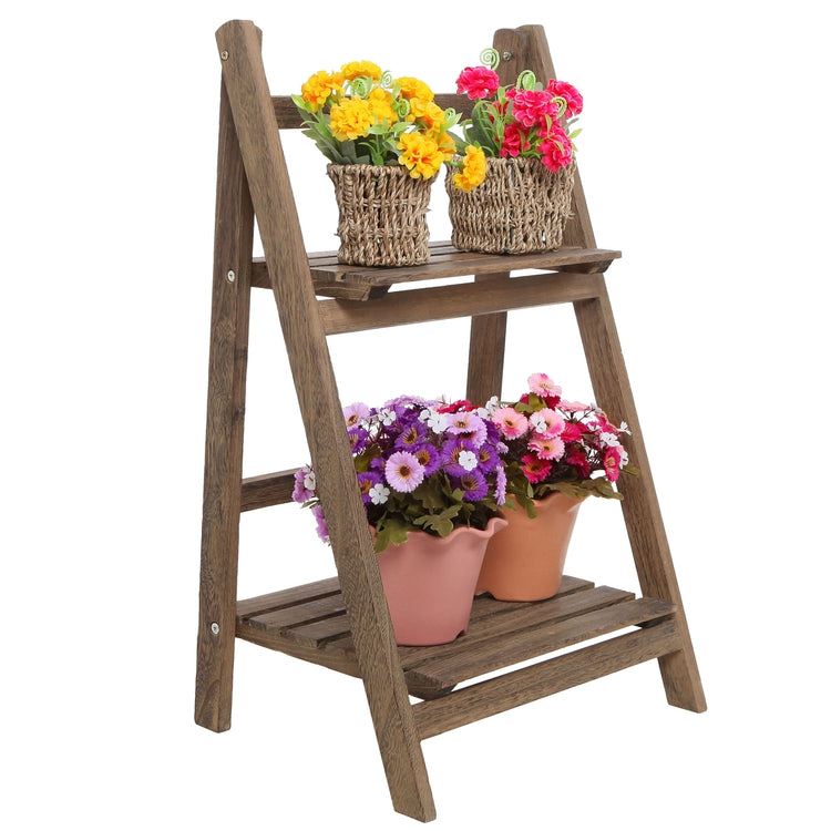 Rustic Brown Wood 2-Tier Freestanding Foldable Shelf Rack or Decorative Plant Pot Display Stand