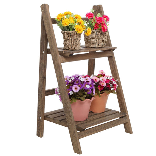 Rustic Brown Wood 2-Tier Freestanding Foldable Shelf Rack or Decorative Plant Pot Display Stand