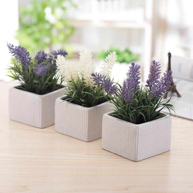Faux Lavender Plants in White Ceramic Pots, Set of 3
