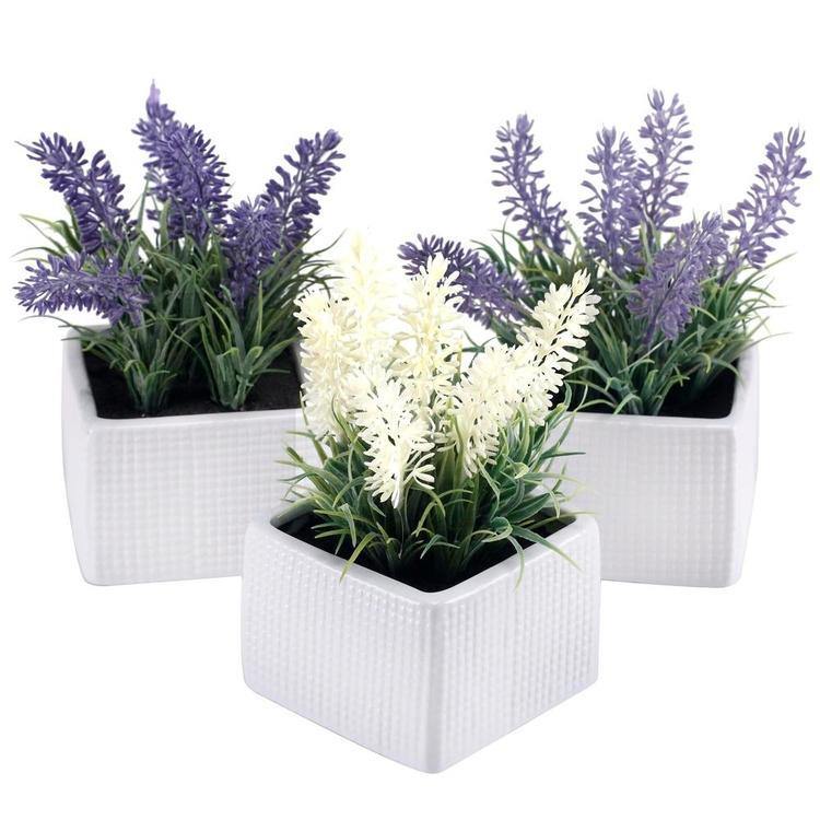 Faux Lavender Plants in White Ceramic Pots, Set of 3
