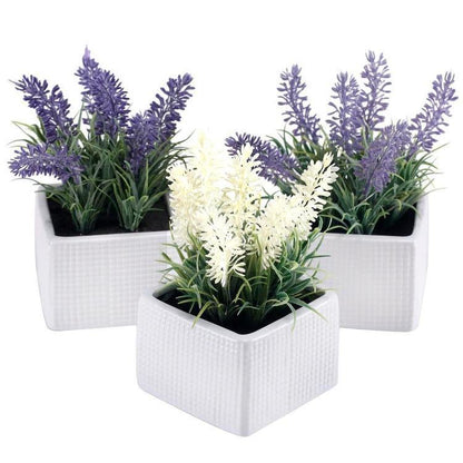 Faux Lavender Plants in White Ceramic Pots, Set of 3