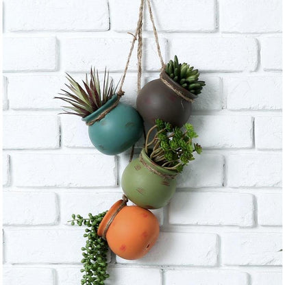 Hanging Multicolor Round Mini Ceramic 4 Planter Set (Blue, Green, Orange, and Brown)