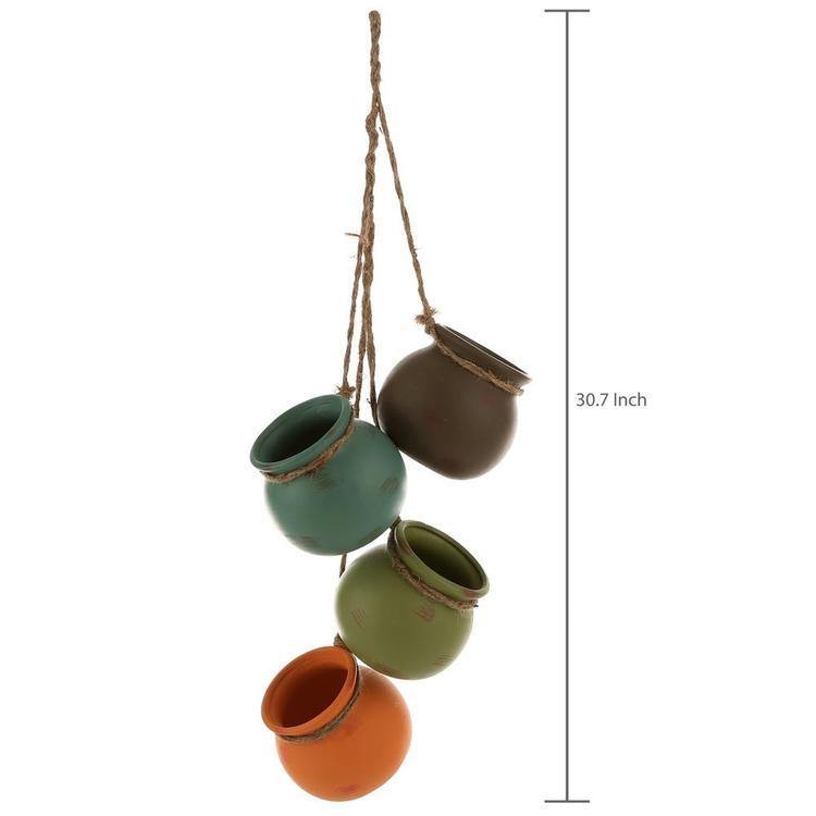 Hanging Multicolor Round Mini Ceramic 4 Planter Set (Blue, Green, Orange, and Brown)
