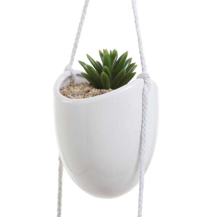 White Round Ceramic Rope Hanging Planter Set with 4 Containers