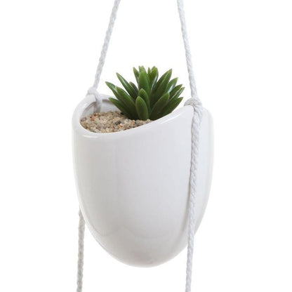 White Round Ceramic Rope Hanging Planter Set with 4 Containers