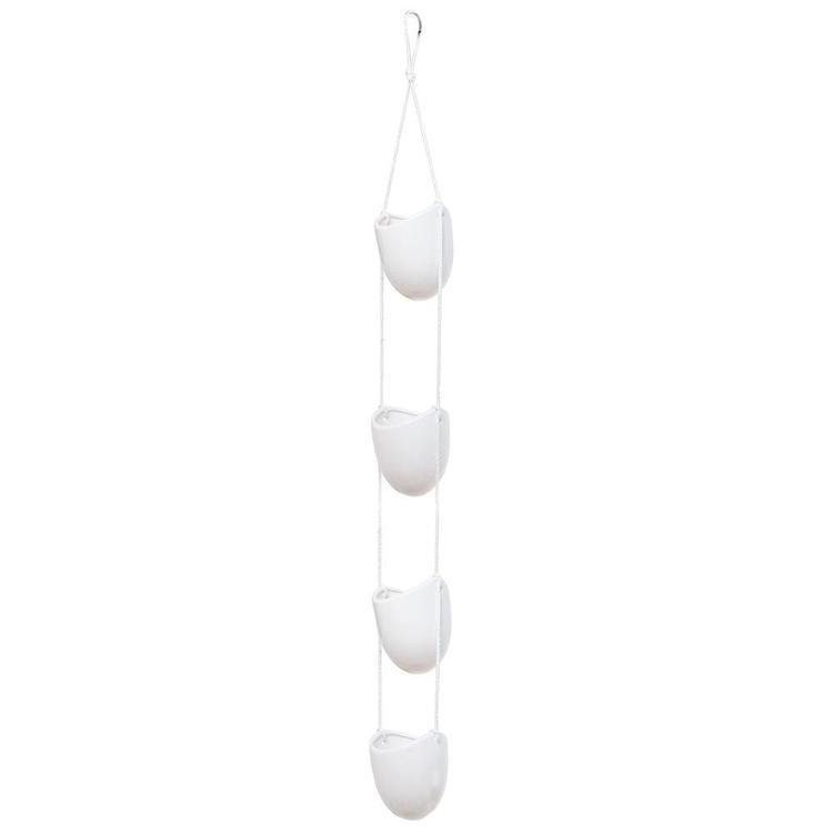 White Round Ceramic Rope Hanging Planter Set with 4 Containers