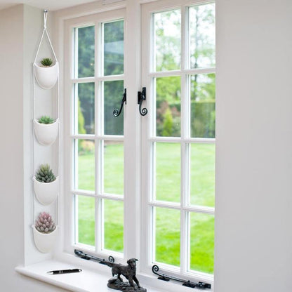 White Round Ceramic Rope Hanging Planter Set with 4 Containers
