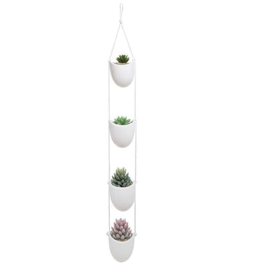 White Round Ceramic Rope Hanging Planter Set with 4 Containers