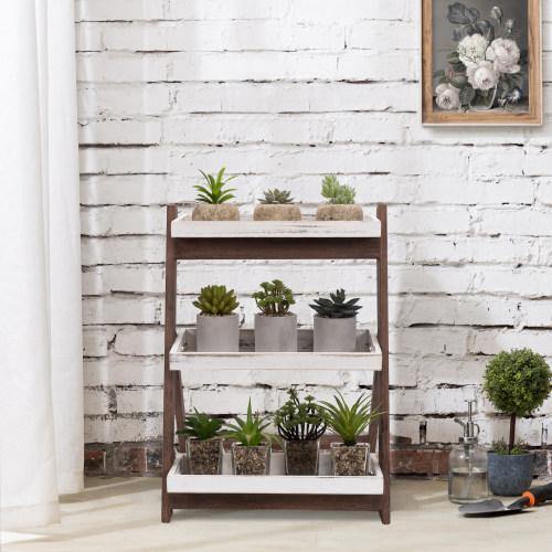 White/Burnt Brown Wood Display Shelves, Plant Display Stand